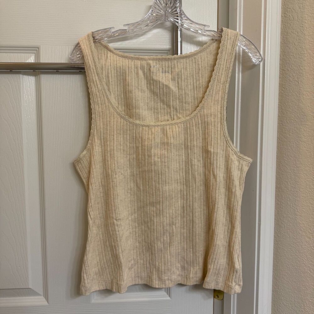 NWOT Aerie Lace-Trim Ribbed Scoop Neck Tank Top Oatmeal Beige Large